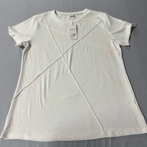 Xieerduo Fashion White Short Sleeve Crew Neck Tee Raised Seam Geometric Large
